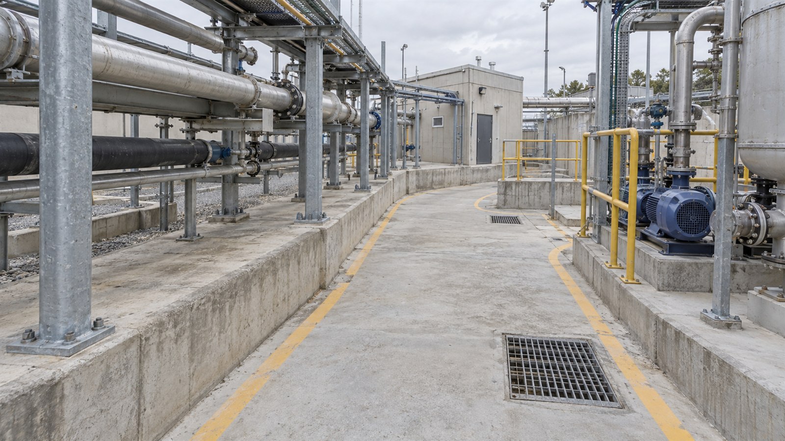 Synthetic site walkthrough with an illustrated route through an industrial facility